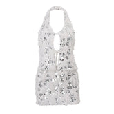 LIZAKOSHT - Hollow Out Lace Up Sequins Furry Bodyccon Mini Halter Dress Women Fashion Sexy Deep V Neck Sleeveless Backless Party Clubwear