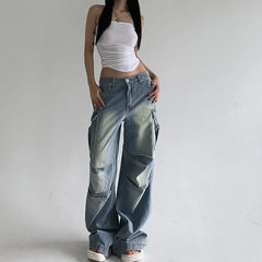 LIZAKOSHT - American Style Pleated Washed Parachute Jeans Women's High Waisted Loose Wide Leg Large Pocket Workwear Pants