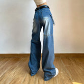 LIZAKOSHT - Vintage Washed Distressed Multi-pocket Cargo Pants Women Spring New High Waist All Match Casual Blue Wide Leg Jeans