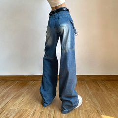 LIZAKOSHT  -  Vintage Washed Distressed Multi-pocket Cargo Pants Women Spring New High Waist All Match Casual Blue Wide Leg Jeans