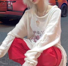LIZAKOSHT - Subculture Punk Harajuku Girl Knitted Sweater Loose Long Sleeve Sweaters Spring Autumn 2024 Women Beige Casual Sweaters