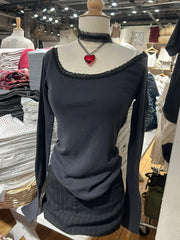 LIZAKOSHT - Women Dark Gray Lace Trim Long Sleeve T-shirt Autumn Scoop Neck Cotton Slim Tees American Vintage Streetwear Tshirt Tops