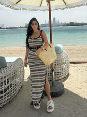LIZAKOSHT  -  Women Sexy Knit Stripe Skirt Set Fashion U-neck Sleeveless Tassel Patchwork Short Vest Suit Lady Split Long Skirts Beach Outfits