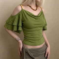 LIZAKOSHT - Vintage Vibe Beading Sling Off The Shoulder T Shirts Y2k Fashion Ruffle Short Sleeve Slim Women Clothes High Street Casual Tops
