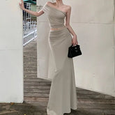 LIZAKOSHT - Women's Summer One Shoulder Pleated Slimming Top, Slim Fit Half Skirt, Long Skirt Two-Piece Set