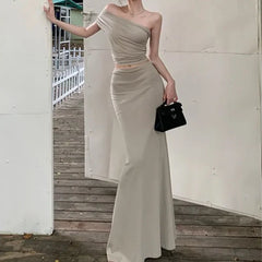 LIZAKOSHT - Women's Summer One Shoulder Pleated Slimming Top, Slim Fit Half Skirt, Long Skirt Two-Piece Set
