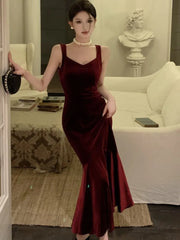 LIZAKOSHT - Sexy French Velvet Mermaid Midi Dress For Women Autumn Strap Backless Bodycon Solid Mujers Elegant Evening Party Prom Robe