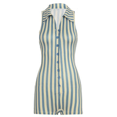 LIZAKOSHT - Fashion Women Striped Turndown Collar Jumpsuit High Street Sleeveless Rompers Casual High Street Sexy Playsuit Lady