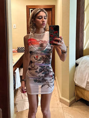 LIZAKOSHT  -  Mesh Printed Women Vest Dress Sleeveless Slim Fit Sexy Micro Perspective Round Neck Vacation Beach Yarn Waistcoat Short Dresses