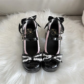 LIZAKOSHT - Lolita Lace Heart Knot Round Toe Shallow Mouth High Heels Cos Loli Elegant Student Shoes Japanese Girl Sweet Single Shoes