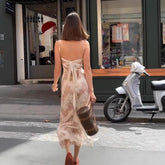 LIZAKOSHT - Fashionable Sexy Print Halter Neck Sleeveless Women's Dress Tight Waist Crossbody Strap Ankle-Length Empire Waist Gown