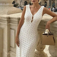 LIZAKOSHT  -  Solid Color Hollow Knitted Beach Vacation Dress Elegant Sleeveless Skinny Cover-up Dress Women Sexy Perspective Swimwear Dress