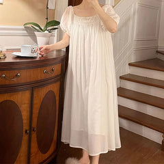 LIZAKOSHT - Cotton Night Dress Vintage Nightgowns Women Summer Puff Sleeve Long Peignoir Victorian Nightdress Princess Sleepwear