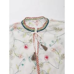 LIZAKOSHT - 2024 Women Floral Embroidery Boho Blouse Shirt Vintage Puff Sleeve Round Neck Female Holiday Summer Tops