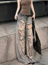 LIZAKOSHT - Summer Slimming Skinny Jeans American Style Worn-Wash Hole Punching Wide Leg Jeans Thin Denim Pants for Young Women