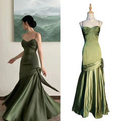 LIZAKOSHT - Elegant Emerald Green Irregular Patchwork Evening Party Dress High Waist Spaghetti Strap Pleated Hem Prom Gown For Women