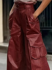 LIZAKOSHT - New Arrivals Women Faux PU Wide Leg Pants Fashion Pockets Solid Color Loose High Waist Casual Trousers Bottoms