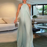 LIZAKOSHT - Chiffon Big Hem Party Dress Women Elegant Hollow Backless Full Length Maxi Dress Chic Draped Solid New Evening Dress Luxury