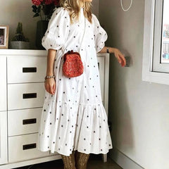 LIZAKOSHT - Loose Print Midi Dresses for Women Summer Ruffled Hem Beach Long Dress Short Sleeve Elegant Vestidos Casual Female Clothes
