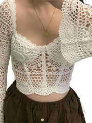 LIZAKOSHT - Sexy Women Backless Knitted T-shirts Vintage Bohemian Hollow Out Crochet Crop Tops Square Neck Flare Sleeve Tees Shirts