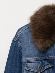 LIZAKOSHT - Women Blue Denim Jacket With Brown Faux Fur Collar Full Sleeve Button Front Cropped Casual Outerwear 2025 Autumn Lady Streetwear