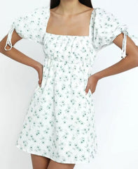 LIZAKOSHT - Women Robe Retro France Style Ruched Elastic Square Collar Bow Puff Sleeve Flower Print Mini Dress Lacing up Slim Waist A line