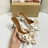 LIZAKOSHT - Summer New Women's Polka Dot Bow Satin Mules - Stiletto High Heel Open Toe Fashion Slippers for Party Evening Dress Shoes