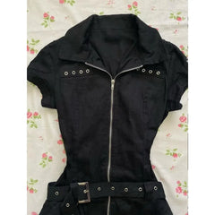 LIZAKOSHT  -  Y2k Punk Rock Mini Dresses Harajuku Women Korean Vintage Zip-up Shirtdress 2000s Gothic Fashion Sweet Cool Sexy Black Dress
