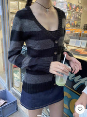LIZAKOSHT - Vintage Black Striped Sweater Cardigan Woman V-neck Single Breasted Long Sleeve Cotton Thin Sweaters Autumn Casual Slim Knitwear