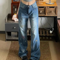 LIZAKOSHT  -  Jeans Puppy Embroidery High Waist Small Retro Design Women'S Summer Straight Slim Loose Wide Leg Pants Trendy