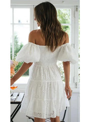 Lizakosht Puff Sleeve Cotton White Lace Dress Women Summer 2024 Square Collar Vintage Beach Short Dress Petite Flower Embriodery Dress