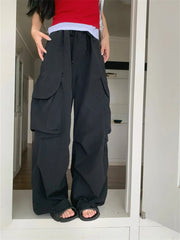LIZAKOSHT - Casual Pants Women Loose Summer Pockets Wide Leg All Match Fashion 2024 Sports Mujer Slim New Solid Streetwear