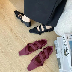 LIZAKOSHT - Shoes for Woman with Straps Red Women's Summer Footwear Evening Flats Square Toe Low Heel Elegant Flat Y2k Korean Style A E