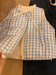 LIZAKOSHT - Sweet Plaid Bow Women Vest Sleeveless O Neck Preppy Double Sided Wear Casual Coats Korean Chic Student Zipper Cute New Outwear