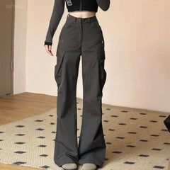 LIZAKOSHT - Korean Cargo Pants For Women High Waist Pockets Casual Fashion Trousers New Bottoms High Waist Black Vintage Pantalon Femme