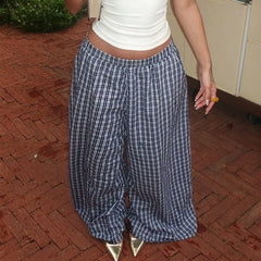 LIZAKOSHT  -  Spring New Product Simple and Personalized Waist Collection Color blocked Grid Design Wide Legs Comfortable Pants