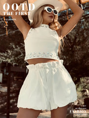 LIZAKOSHT - Spring and Summer Women Flower Bud Lantern Cotton Shorts Trend Loose Pleated Pocket Design Solid Versatile Casual Beach Shorts