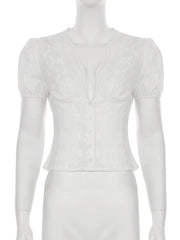 LIZAKOSHT - Cute Button Up Blouses Y2K Deep V-neck Slim Women's Tee Shirts Korean Style Sweet Short Sleeves Crop Clothes