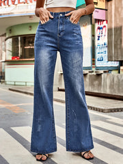 LIZAKOSHT - New Versatile Mid-waist Washed Denim Trousers Casual Zipper Frayed Retro Design Bell Bottom Trousers For Women Clothing