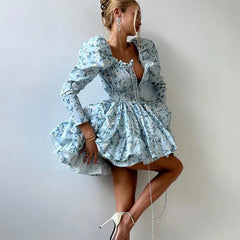 LIZAKOSHT  -  Floral Print Dress For Women Autumn Sexy Deep V Nekc Bandage Long Sleeve Short Dresses Lace Up Elegant Ruffle Dress 2025