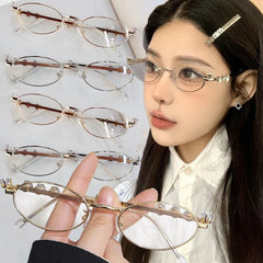 LIZAKOSHT - Small Oval Shades Eyeglasses Women Retro Rhinestone Diamonds Eyewear Metal Frames Anti Blue Light Reading Glasses Accessorties