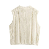LIZAKOSHT - New Women Autumn Beige O Neck Sleeveless Sweater Loose Vest
