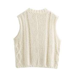 LIZAKOSHT - New Women Autumn Beige O Neck Sleeveless Sweater Loose Vest