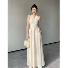 LIZAKOSHT - Summer Apricot V Neck Elegant Backless Sexy Club Pleated Vest Long Dress Women High Waist Vacation Slim Evening Party Dress Robe