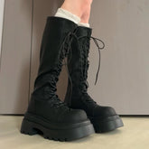 LIZAKOSHT - Flats Platform High Boots Women's Designer Shoes for Woman Winter Knee High Boots Lace Up Trend Goth Fashion Boots Femme