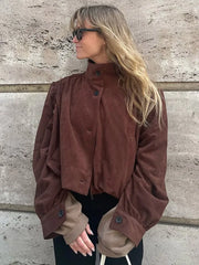 LIZAKOSHT  -  Retro Brown Suede Short Jacket Elegant Women Stand Collar Full Sleeves Single Breasteds Loose Coats Autumn Chic Lady Street Wear