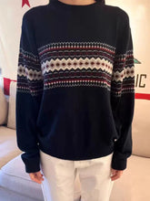 LIZAKOSHT - Women Geometric Jacquard Sweater Autumn Round Neck Long Sleeve Navy American Vintage Pullover Casual Streetwear Y2k Jumper Tops