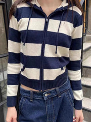 LIZAKOSHT - Casual Women Zip-up Striped Knit Cardigan Autumn Vintage Ladies Pocket Hooded Sweaters Female Chic Long Sleeve Tops