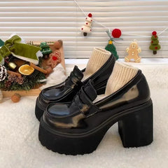 LIZAKOSHT - Women's Slip on High Heels Mary Jane Black High Heels Round Toe Elegant Black Party Shoes Woman Thick Soled Shoes