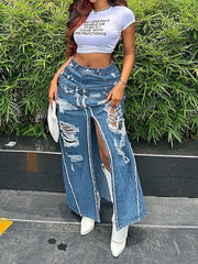 LIZAKOSHT - Ripped Denim Long Skirt American Vintage Women Loose High Waist Straight Split Maxi Skirts Fashion femme Streetwear